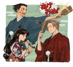  1girl 2boys ace_attorney akeome alternate_costume bangs black_hair blue_kimono blunt_bangs brown_eyes brown_hair closed_eyes dated floral_print grey_hair happy_new_year highres holding holding_paintbrush japanese_clothes kimono long_hair looking_at_another maya_fey miles_edgeworth multiple_boys new_year obi open_mouth paintbrush phoenix_wright red_kimono renshu_usodayo sash short_hair smile speech_bubble wide_sleeves 
