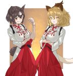  2girls animal_ear_fluff animal_ears arm_under_breasts arms_under_breasts bangs bear_ears bear_girl bear_tail blonde_hair breasts brown_bear_(kemono_friends) brown_eyes brown_hair clenched_hand commentary crossed_arms extra_ears grin hair_between_eyes hakama hakama_skirt hand_up highres japanese_clothes kemono_friends large_breasts lion_(kemono_friends) lion_ears lion_girl looking_at_viewer miko multiple_girls orange_eyes parted_lips simple_background skirt smile tail tanabe_(fueisei) 