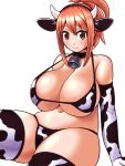  1girl :3 animal_ears animal_print bangs bell bikini black_collar black_hairband breasts brown_eyes cleavage closed_mouth collar cow_ears cow_horns cow_print elbow_gloves futaba_channel gloves hair_between_eyes hairband horns huge_breasts kudoi kuma_(kumahoihoi) looking_at_viewer medium_hair navel neck_bell nijiura_maids orange_hair ponytail print_bikini print_gloves print_legwear print_thighhighs sidelocks simple_background sitting smile solo swimsuit thighs underboob white_background 