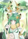  1girl animal_ear_fluff animal_ears antler_ornament antlers breasts cleavage cleavage_cutout clothing_cutout deer_ears deer_tail dress elbow_gloves english_commentary flower fur-trimmed_dress fur_trim gloves green_dress green_eyes green_hair hair_flower hair_ornament haruka_karibu highres large_breasts long_hair looking_at_viewer pookyuni reindeer_antlers reindeer_girl smile tail v virtual_youtuber vshojo white_gloves 