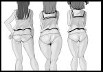  3girls alp ass ass_focus butt_crack from_behind greyscale kunikida_hanamaru kurosawa_ruby long_hair love_live! love_live!_sunshine!! medium_hair monochrome multiple_girls no_pants panties school_uniform short_hair simple_background standing tsushima_yoshiko twintails underwear uranohoshi_school_uniform white_background 