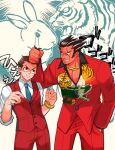  2boys ace_attorney animal_print apollo_justice apollo_justice:_ace_attorney black_hair blue_necktie bracelet brown_eyes brown_hair chinese_zodiac collared_shirt colored_skin facial_hair formal furio_tigre grin hand_in_pocket height_difference holding_another&#039;s_hair jacket jewelry looking_at_another male_focus multiple_boys muscular muscular_male necklace necktie nervous_smile pants pectoral_cleavage pectorals phoenix_wright:_ace_attorney_-_trials_and_tribulations ragi_(od6fine) red_jacket red_pants red_skin red_vest scar scar_on_face shaded_face shirt short_hair sleeves_rolled_up smile stubble suit sweatdrop vest white_shirt year_of_the_rabbit year_of_the_tiger 