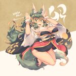  1girl 2023 animal_ear_fluff animal_ears bangs blush breasts brown_background cleavage commentary_request crossed_bangs green_eyes grey_background hair_between_eyes hands_up highres japanese_clothes kimono kuromiya kuromiya_raika large_breasts long_hair looking_at_viewer multicolored_hair obi open_mouth orange_hair original sash smile solo tail thighs twitter_username two-tone_background two-tone_hair wide_sleeves 