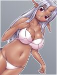  1girl bare_arms bare_shoulders border bra breasts cleavage collarbone dark-skinned_female dark_skin dutch_angle futaba_channel gradient gradient_background grey_background grey_hair grey_tail grin groin hand_on_own_chest hand_up horns kuma_(kumahoihoi) large_breasts legs_together long_hair lowleg lowleg_panties navel nijiura_maids outline panties pointy_ears red_eyes sakumei_(nijiura_maid) shiny shiny_hair shiny_skin single_horn skin-covered_horns smile solo standing straight_hair tail thighs underwear white_border white_bra white_outline white_panties 
