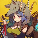  1girl blue_hair breasts cleavage dated holding holding_knife knife large_breasts long_hair maaru_(akira428) one-hour_drawing_challenge pelt red_eyes sakata_nemuno sharp_teeth simple_background single_strap solo teeth touhou upper_body wolf_pelt yellow_background 
