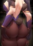  1girl ass ass_focus ass_support breasts elbow_gloves fake_tail fouriasensei from_behind genshin_impact gloves hair_ornament hands_on_own_ass highres large_breasts leotard long_hair mona_(genshin_impact) pantyhose playboy_bunny purple_gloves purple_hair purple_leotard purple_pantyhose rabbit_tail solo tail thighs twintails 