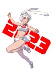  1girl 2023 :d animal_ears chinese_zodiac fujisawa_takashi hair_over_one_eye highres midriff orange_eyes original rabbit_ears rabbit_tail short_hair smile solo stomach tail toned white_background white_hair year_of_the_rabbit 