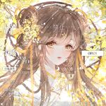  1girl bangs blunt_bangs brown_hair chinese_clothes commission earrings hair_over_shoulder hanfu highres jewelry long_hair looking_at_viewer qinggzii solo watermark yellow_eyes 