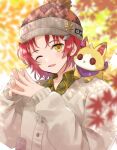  1boy ;d animal_on_shoulder autumn_leaves bangs beanie bird_hair_ornament blurry brown_cardigan brown_headwear cardigan collared_shirt dappled_sunlight depth_of_field hair_ornament hairclip hanasaki_miyabi hat hat_pin highres holostars interlocked_fingers leaf looking_at_viewer male_focus maple_leaf mioto_(tsubsq_m) official_alternate_costume one_eye_closed own_hands_together parted_bangs plaid plaid_shirt red_hair shirt short_hair smile solo stuffed_fox sunlight upper_body virtual_youtuber yellow_shirt 