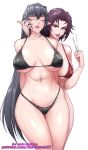  2girls annerose_vajra bikini black_hair breasts closed_eyes highres holding holding_needle koutetsu_no_majo_annerose large_breasts lee_mayfeng lilith-soft long_hair looking_at_viewer multiple_girls needle nofuture pointy_ears purple_hair red_bikini red_eyes short_hair simple_background smile swimsuit white_background yuri 