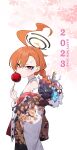  1girl 2023 absurdres ahoge alternate_costume blue_archive braid floral_print food halo happy_new_year highres holding holding_food japanese_clothes jjjsss kimono looking_at_viewer neru_(blue_archive) orange_hair print_kimono red_eyes solo white_kimono 