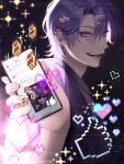  1boy bishounen ear_piercing glowing glowing_eyes hair_ornament hairclip heart highres holding holding_phone kurakichi36 looking_at_viewer male_focus open_mouth original phone piercing profile purple_eyes purple_hair short_hair solo 