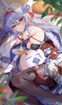  1girl animal_ear_fluff animal_ears bangs blue_hair blurry blurry_foreground breasts cleavage closed_mouth commentary creature extra_ears feet_out_of_frame hair_between_eyes hair_bun highres hololive legs long_hair looking_at_viewer lying medium_breasts nousagi_(usada_pekora) on_side orange_eyes pantyhose plant rabbit_ears shoulder_tattoo shuri_(84k) smile solo tattoo thick_eyebrows twitter_username usada_pekora very_long_hair virtual_youtuber 