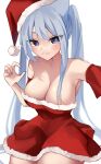  1girl animal_ears bangs bare_shoulders blue_eyes blue_hair blush breasts cleavage cowboy_shot detached_sleeves dress fang fur-trimmed_dress fur_trim hat highres hiroside large_breasts looking_at_viewer original santa_dress santa_hat short_sleeves skin_fang solo strapless strapless_dress twintails white_background 