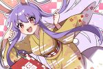  1girl :d alternate_costume animal_ears breasts chinese_zodiac floral_print highres japanese_clothes kimono large_breasts long_hair looking_at_viewer miz_(mizillustration) obi open_mouth print_kimono purple_hair rabbit_ears rabbit_girl rabbit_tail red_eyes reisen_udongein_inaba sash smile solo tail touhou wide_sleeves year_of_the_rabbit yellow_kimono 