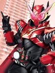  1boy armor artist_name build_driver city cityscape commentary compound_eyes english_commentary fullfull_bottle hand_on_hip hazard_trigger highres kamen_rider kamen_rider_build kamen_rider_build_(series) male_focus open_hand pink_eyes pointing rabbit rabbit+rabbit_form red_armor reiei_8 shoulder_armor signature solo spring_(object) 