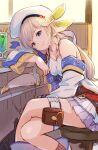  1girl bangs belt beret blonde_hair blue_eyes breasts cleavage cucouroux_(granblue_fantasy) cup detached_sleeves dress drinking_straw feet_out_of_frame granblue_fantasy hat legs long_hair looking_at_viewer medium_breasts pouch red_belt ribbon sitting smile solo stool thigh_strap tomamatto white_dress white_headwear wide_sleeves yellow_ribbon 
