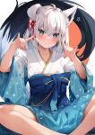  1girl animal_ears aqua_eyes bare_legs blush double_fox_shadow_puppet earrings feet_out_of_frame fox fox_ears fox_girl fox_shadow_puppet fox_tail highres hololive indian_style japanese_clothes jewelry kimono legs long_hair looking_at_viewer obi sash shirakami_fubuki sitting smile solo tail uechin_ewokaku virtual_youtuber white_hair 