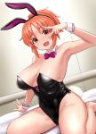  1girl :d abe_nana animal_ears armpits bare_legs black_leotard blush bow bowtie breasts detached_collar fake_animal_ears fake_tail highres idolmaster idolmaster_cinderella_girls large_breasts leotard looking_at_viewer orange_eyes orange_hair pink_bow pink_bowtie playboy_bunny rabbit_ears rabbit_tail short_hair sitting smile solo striped striped_bow striped_bowtie tail tomajiyama 