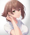  1girl alternate_costume blush breasts brown_hair closed_mouth collarbone commentary_request green_eyes hair_between_eyes highres kantai_collection large_breasts looking_at_viewer monoku mutsu_(kancolle) partial_commentary shirt short_hair short_sleeves simple_background smile solo upper_body white_background white_shirt 