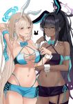  2girls absurdres alternate_costume animal_ears aqua_bow aqua_bowtie arm_up armpits asuna_(blue_archive) bad_id bad_twitter_id bangs bare_shoulders black_hair blonde_hair blue_archive blue_bow blue_bowtie blue_eyes blue_panties blue_skirt blush bow bowtie breasts cleavage commentary dark-skinned_female dark_skin detached_collar english_commentary fake_animal_ears hair_ornament hairband hairclip halo highleg highleg_panties highres karin_(blue_archive) large_breasts long_hair looking_at_viewer microskirt momimi multiple_girls navel panties parted_lips ponytail rabbit_ears simple_background skirt smile stomach teeth underwear white_background white_hairband wrist_cuffs yellow_eyes 