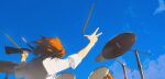  1girl blue_sky chinese_commentary commentary day drum drum_set drumsticks from_behind highres holding holding_drumsticks horikawa_raiko huang_gua instrument red_hair short_hair short_sleeves sky solo touhou upper_body 