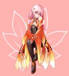  1girl bare_shoulders breasts cleavage closed_mouth detached_sleeves fattybot fingerless_gloves gloves guilty_crown highres holding_leg leaf light_smile long_hair looking_at_viewer medium_breasts pink_background pink_hair red_eyes sitting twintails yuzuriha_inori 