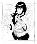  1girl alp bangs black_hair blunt_bangs breasts byakugan fishnets floating_hair greyscale highres hood hooded_jacket hyuuga_hinata jacket large_breasts long_hair looking_at_viewer monochrome naruto_(series) naruto_shippuuden solo special_moves straight_hair white_eyes white_jacket 