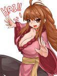  1girl antenna_hair breasts brown_eyes brown_hair china_dress chinese_clothes cleavage dress fighting_stance highres large_breasts lei_kuugo live_a_live pants pink_dress pink_robe red_pants robe sash scar scar_on_face smile steamingtofu yellow_sash 