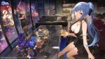  2girls absurdres alcohol animal_ears arm_support azur_lane bangs bare_arms bare_shoulders black_dress blue_hair blush bracelet breasts brown_eyes cat_ears cat_tail cleavage commentary copyright_name couch cup dress essex_(azur_lane) essex_(craft_fairytail)_(azur_lane) fireworks flower food gloves gold_trim halterneck happy_new_year hatsushimo_(azur_lane) hatsushimo_(perennial_joy)_(azur_lane) highres holding indoors jewelry kexue logo long_hair looking_at_viewer looking_away medium_breasts multiple_girls necklace night night_sky official_alternate_costume official_art open_mouth pantyhose pillow pink_hair ponytail red_eyes short_dress simple_background sky sleeveless sleeveless_dress smile strapless strapless_dress table tail window 