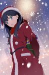  1girl arms_behind_back bangs blue_eyes blue_hair blush building christmas dress fur-trimmed_dress fur_trim gift gridman_universe hat highres holding holding_gift lensu_(lotus36936936) long_sleeves looking_at_viewer night object_behind_back open_mouth outdoors red_dress red_headwear red_scarf santa_dress santa_hat scarf snowflakes snowing solo ssss.gridman standing takarada_rikka 