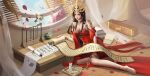  1girl absurdres anklet bare_legs bare_shoulders bird black_hair blue_sky cai_lin_(doupo_cangqiong) censer cherry_blossoms closed_mouth curtains doupo_cangqiong dress falling_petals fu_guang_qingqing hair_ornament highres jewelry long_hair paintbrush_rack petals pointy_ears red_dress round_window second-party_source sitting sky smoke thighlet window 