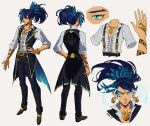  1boy absurdres arm_tattoo belt belt_buckle black_vest blue_eyes blue_hair buckle earrings feather_hair_ornament feathers frown glowing glowing_eyes hair_ornament highres jewelry male_focus necklace original pikat pointy_ears ponytail reference_sheet serious sleeves_rolled_up tattoo vest 