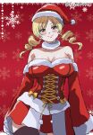  1girl absurdres bangs bare_shoulders black_thighhighs blonde_hair blush breasts christmas cleavage closed_mouth commentary cowboy_shot detached_sleeves dress drill_hair forest_(4423) fur-trimmed_dress fur-trimmed_sleeves fur_collar fur_trim half-closed_eyes hat highres large_breasts looking_at_viewer mahou_shoujo_madoka_magica medium_hair off-shoulder_dress off_shoulder red_background red_dress red_sleeves santa_dress santa_hat short_dress smile snowflake_background solo standing strapless strapless_dress thighhighs tomoe_mami twin_drills twitter_username yellow_eyes 