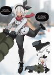  1boy 1girl alternate_costume bangs bea_(pokemon) black_gloves black_hairband black_pants blurry blurry_background bow_hairband breasts dark-skinned_female dark_skin day english_commentary english_text family_guy_death_pose_(meme) gloves grey_eyes grey_hair hair_between_eyes hairband highres ice_skates meme multiple_views open_mouth outdoors pants pokemon pokemon_(game) pokemon_swsh rakeemspoon red_scarf scar scarf short_hair skates speech_bubble standing standing_on_one_leg teeth upper_teeth_only 