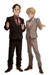  2boys absurdres animification better_call_saul blonde_hair blue_eyes breaking_bad brown_hair crossover formal full_body highres ma2_ereki male_focus mob_psycho_100 multiple_boys necktie pink_shirt pointing reigen_arataka saul_goodman shirt simple_background white_background 