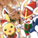  1other :d bright_pupils brown_background capelet christmas cinderace clothed_pokemon commentary_request eevee furry green_scarf hat looking_at_viewer lowres minato_(mntnm) open_mouth pikachu pokemon pokemon_(creature) red_eyes red_headwear santa_hat scarf smile snowflake_background white_pupils 