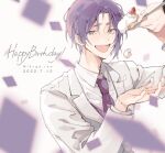  1boy birthday blue_lock blurry cake character_name collared_shirt commentary_request food fork formal fruit grey_jacket hand_up happy_birthday highres holding holding_food holding_fork jacket long_sleeves looking_at_viewer male_focus mikage_reo necktie open_mouth out_of_frame purple_eyes purple_hair purple_necktie shirt short_hair smile solo strawberry suit suit_jacket upper_body white_background white_shirt yng_z 