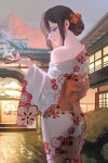  1girl absurdres architecture backlighting blue_eyes brown_hair cloud dusk east_asian_architecture flower hair_flower hair_ornament highres japanese_clothes kimono lips long_hair obi off_shoulder original outdoors parted_lips sash sky smoke smoking_pipe solo sunset tokkihouse 