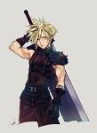  aqua_eyes armor bandaged_arm bandages belt black_gloves blonde_hair buster_sword cloud_strife cowboy_shot cropped_legs earrings final_fantasy final_fantasy_vii final_fantasy_vii_remake gloves grey_background hair_between_eyes holding holding_sword holding_weapon jewelry looking_at_viewer mim_(mimya0600) multiple_belts short_hair shoulder_armor signature single_bare_shoulder single_earring sleeveless sleeveless_turtleneck spiked_hair suspenders sword toned toned_male turtleneck weapon weapon_on_back 