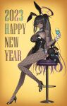  1girl 2023 absurdres animal_ears black_leotard blue_archive bottle bow breasts chinese_zodiac cleavage cup dark-skinned_female dark_skin detached_collar drinking_glass english_commentary fake_animal_ears fishnet_pantyhose fishnets full_body gradient gradient_background halo happy_new_year high_heels highres karin_(blue_archive) karin_(bunny)_(blue_archive) large_breasts legs leotard long_hair new_year number_tattoo official_alternate_costume orange_background pantyhose penguin_say playboy_bunny ponytail rabbit_ears sideboob sitting solo stuffed_animal stuffed_toy tattoo very_long_hair wrist_cuffs year_of_the_rabbit yellow_background yellow_eyes 