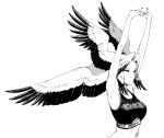  1girl armpits arms_up breasts closed_eyes frown greyscale head_wings heather_(pikat) highres large_breasts large_head_wings monochrome multicolored_hair original pikat solo sports_bra spot_color stretching two-tone_hair upper_body web_address 
