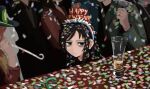  1girl 5others black_hair black_headwear confetti cup drinking_glass forrest_gump green_eyes grumpy happy_new_year headband highres kuroki_tomoko kurokimoko long_hair multiple_others new_year party scene_reference solo_focus table watashi_ga_motenai_no_wa_dou_kangaetemo_omaera_ga_warui! 