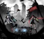  2girls accessories arm_cannon bangs belt bikini bikini_top_only black_gloves black_hair black_rock_shooter black_rock_shooter_(character) black_shorts blue_eyes boots breasts car coat crossover dog_tags flaming_eye gloves glowing glowing_eye gothic ground_vehicle hair_between_eyes hair_ornament highres holding holding_sword holding_weapon huge_weapon katana long_hair lucia_(punishing:_gray_raven) mechanical_arms mechanical_parts midriff motor_vehicle multicolored_hair multiple_girls navel pale_skin prosthesis prosthetic_arm punishing:_gray_raven red_eyes red_hair saif_artz scar scenery science_fiction short_shorts shorts sports_car swimsuit sword thighhighs twintails uneven_twintails very_long_hair weapon 