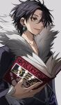  1boy absurdres bamu_(bamu0504) bangs black_coat black_eyes black_hair book chrollo_lucilfer coat earrings facial_mark forehead_mark fur-trimmed_coat fur-trimmed_sleeves fur_trim hand_print highres holding holding_book hunter_x_hunter jewelry male_focus open_mouth parted_bangs pectoral_cleavage pectorals smile solo 