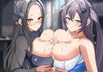  1boy 2girls absurdres azur_lane blue_eyes braid breast_press breasts breasts_squeezed_together censored cleavage commission cooperative_paizuri cum cum_on_body cum_on_breasts double_paizuri ejaculation ffm_threesome grey_hair group_sex hair_between_eyes hair_ornament highres huge_breasts intrepid_(azur_lane) long_hair mero_en_e mosaic_censoring multiple_girls orange_eyes paizuri paizuri_under_clothes pixiv_commission pov pov_crotch projectile_cum purple_hair semi-rimless_eyewear shangri-la_(azur_lane) snowflake_hair_ornament symmetrical_docking teamwork threesome twintails upper_body 