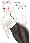  1girl 2022 absurdres animal_ears artist_name bangs bare_shoulders black_bodysuit blush bodysuit breasts closed_mouth highres inubashiri_momiji large_breasts red_eyes shirt short_hair simple_background solo tail take_(take143000) touhou white_background white_hair white_shirt white_sleeves wolf_ears wolf_girl wolf_tail 