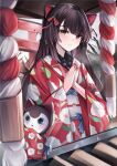 1girl absurdres animal_ears architecture bangs black_hair blush dog_ears dog_girl east_asian_architecture hair_ornament hatsumoude heterochromia highres inui_toko japanese_clothes kimono long_hair long_sleeves looking_at_viewer new_year nijisanji outdoors own_hands_clasped own_hands_together palms_together praying print_kimono red_kimono red_nails shrine shrine_bell simoxia solo temple upper_body virtual_youtuber yukata 