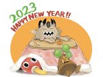  2023 :d bonsly closed_eyes commentary_request galarian_meowth happy_new_year koala_0l kotatsu no_humans open_mouth pokemon pokemon_(creature) sharp_teeth shuckle smile table teeth u_u 