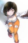  1girl black_hair blush bodysuit breasts brown_eyes final_fantasy final_fantasy_ix garnet_til_alexandros_xvii highres jewelry latex looking_at_viewer necklace orange_bodysuit outstretched_hand short_hair sitting smile solo vinetsu white_background 